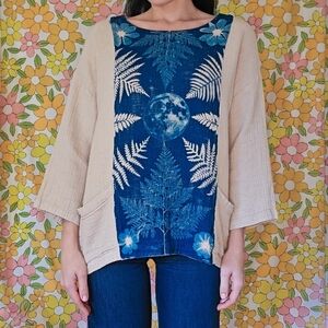 Beige and Blue Fern Print Top